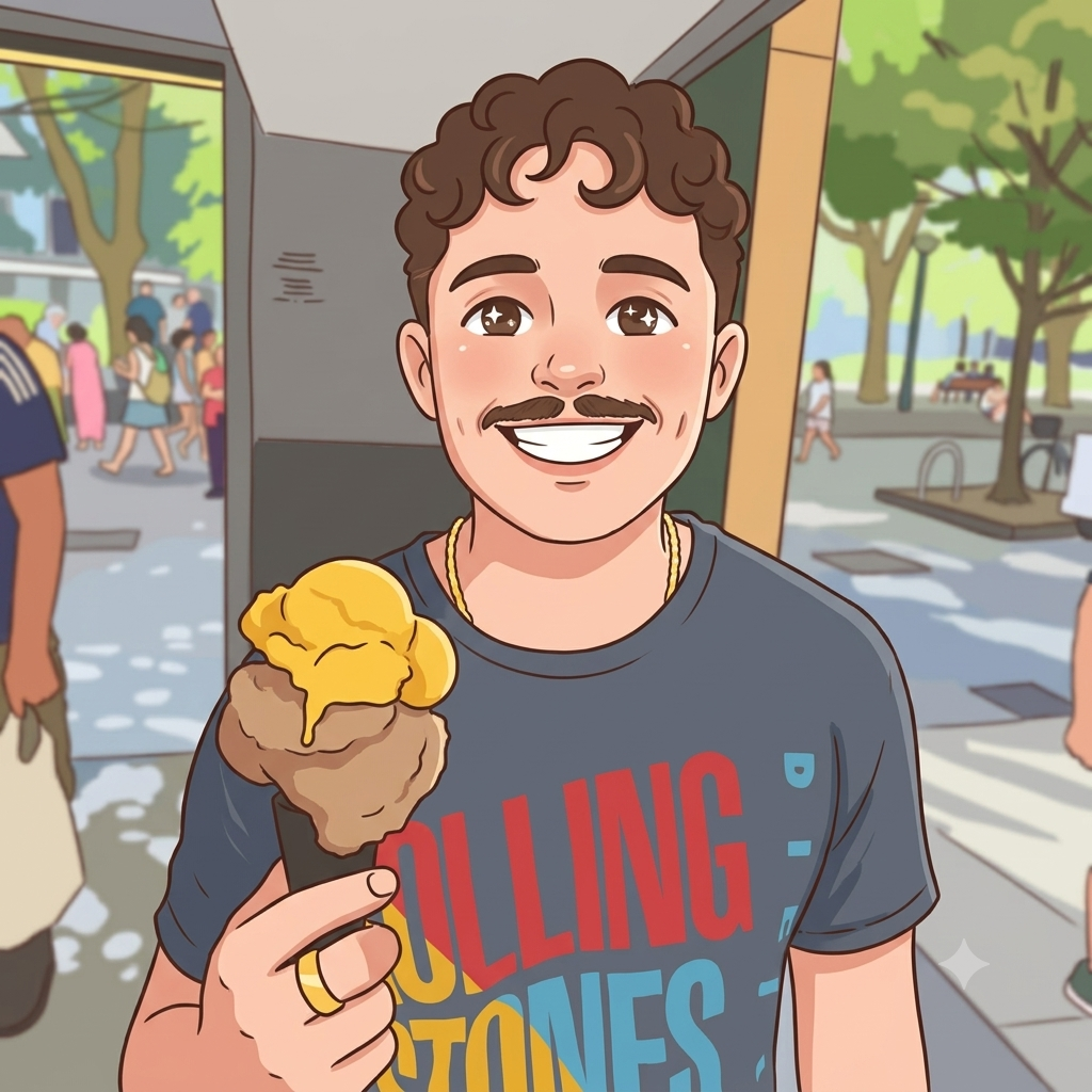 A smiling man holding an ice cream cone
